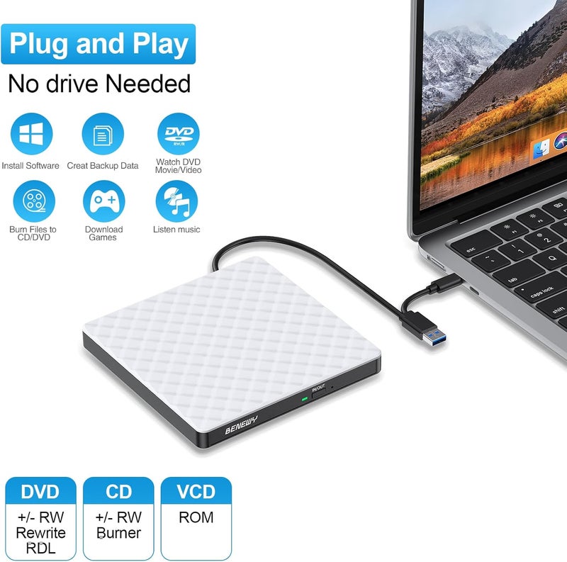 BENEWY محرك أقراص CD/DVD خارجي للكمبيوتر المحمول، USB 3.0 USB C، ناسخ أقراص CD/DVD، قارئ محرك أقراص DVD خارجي، مشغل DVD للكمبيوتر المحمول والكمبيوتر المكتبي Windows 11/10/8.1/7 MacBook Mac Linux OS Apple أبيض - Image 3